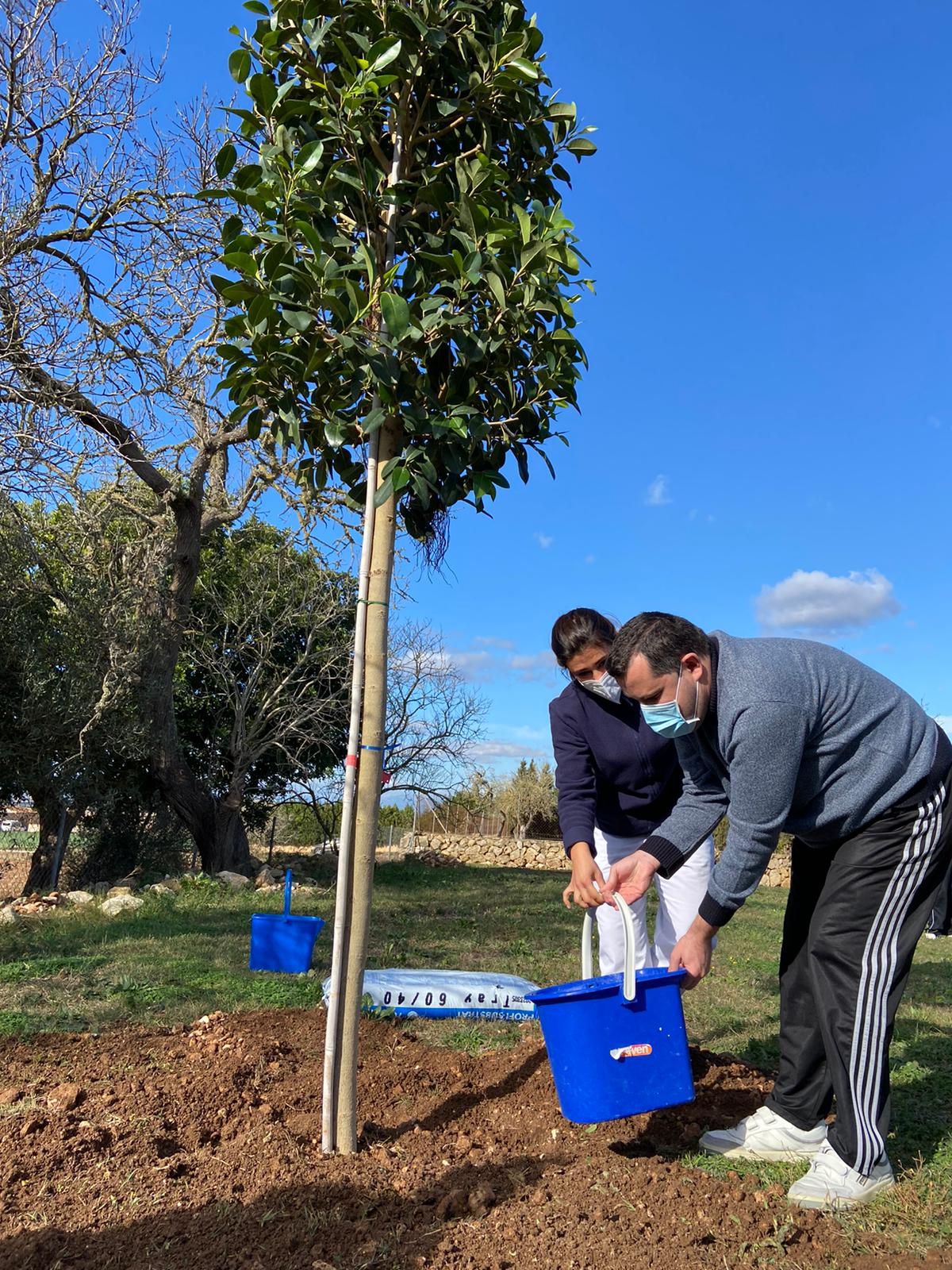 dues persones regant un arbre